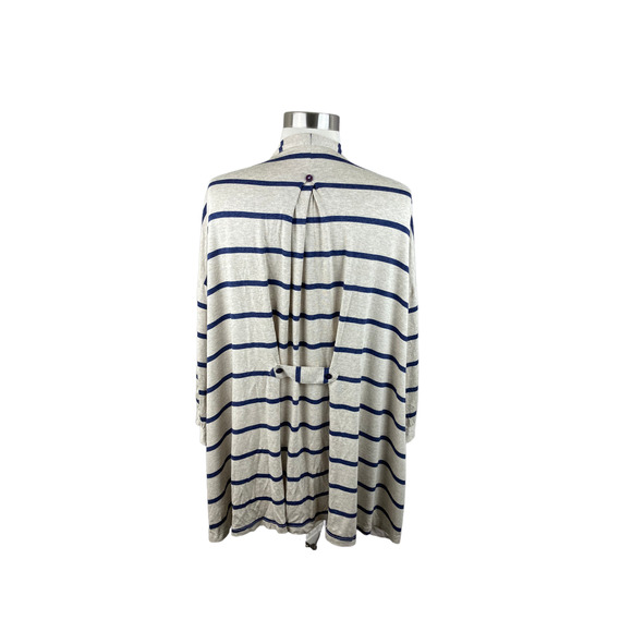 IC Connie K L Oatmeal Blue Stripe Open Drape Front Knit Topper Cardigan - Picture 3 of 4